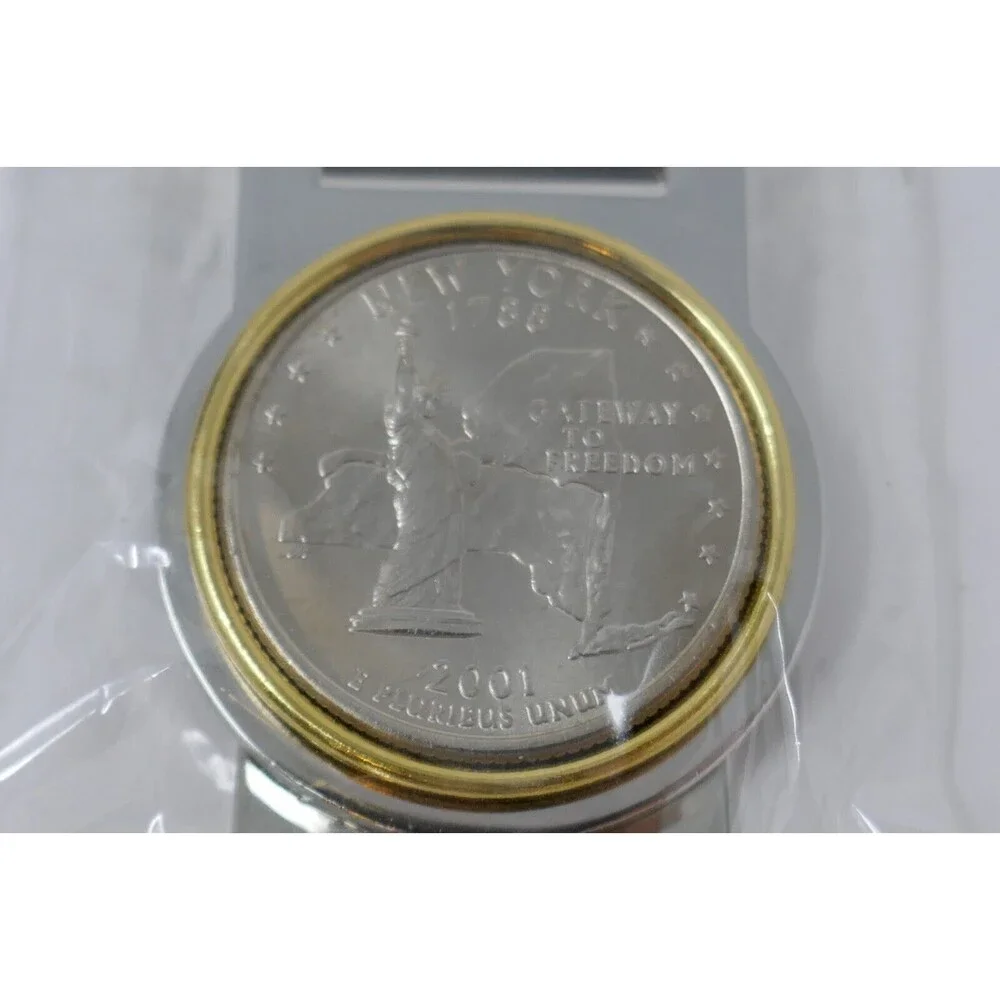 2001 New York Quarter Stainless Steel Gold Color Bezel Hinged Money Clip